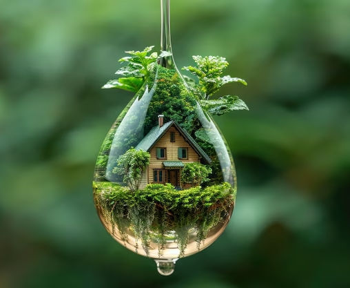 Maison miniature dans une goutte d’eau entourée de végétation